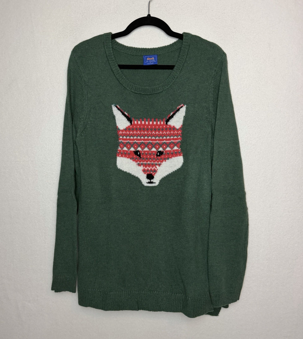 Le Tigre Women's Long Sleeve Green Knit Fair Isle Pattern Fox Face Size XL